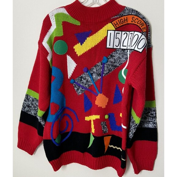 Vtg Cherry Stix Sweater Sz L Red Tilt High Score Pinball Party Retro Abstract - Picture 1 of 12